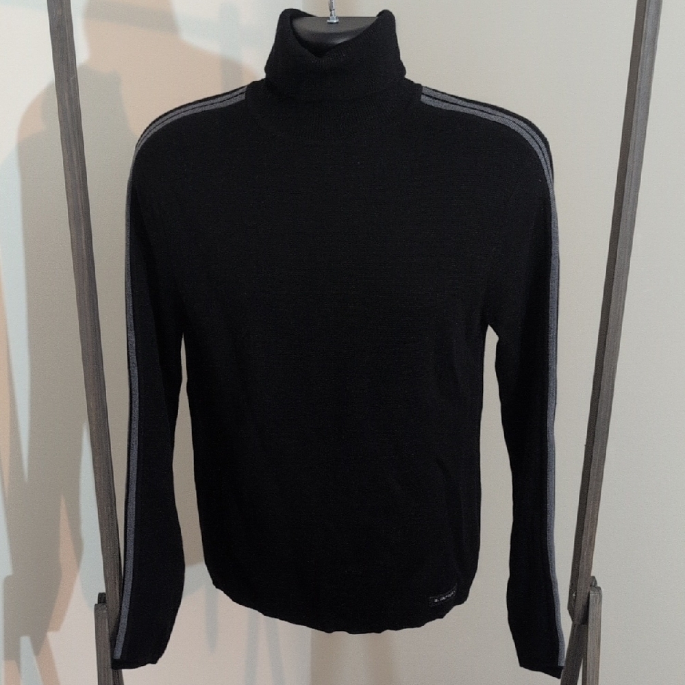Banana Republic | Black Turtleneck Sweater Gray Stripes Very Fine Merino Wool